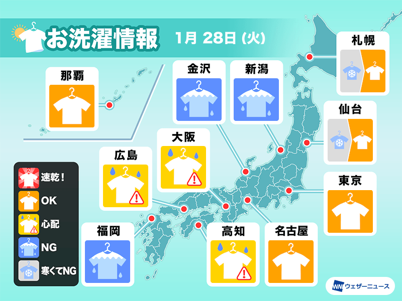 1月28日(火)の洗濯天気予報　関東は昼間は気温上がって外干しOK