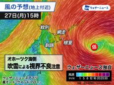 北海道オホーツク海側は断続的に雪と風が強まる　吹雪による視界不良に注意