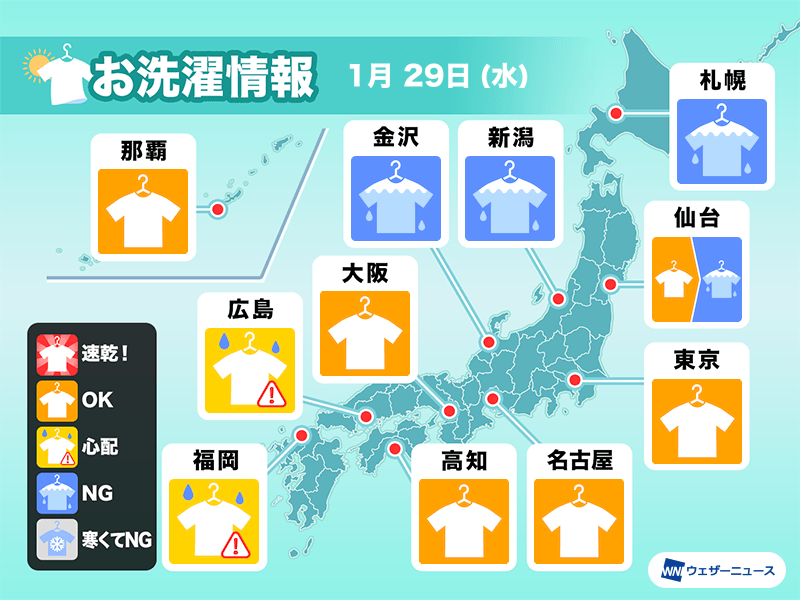 1月29日(水)の洗濯天気予報　関東〜近畿は外干しOK