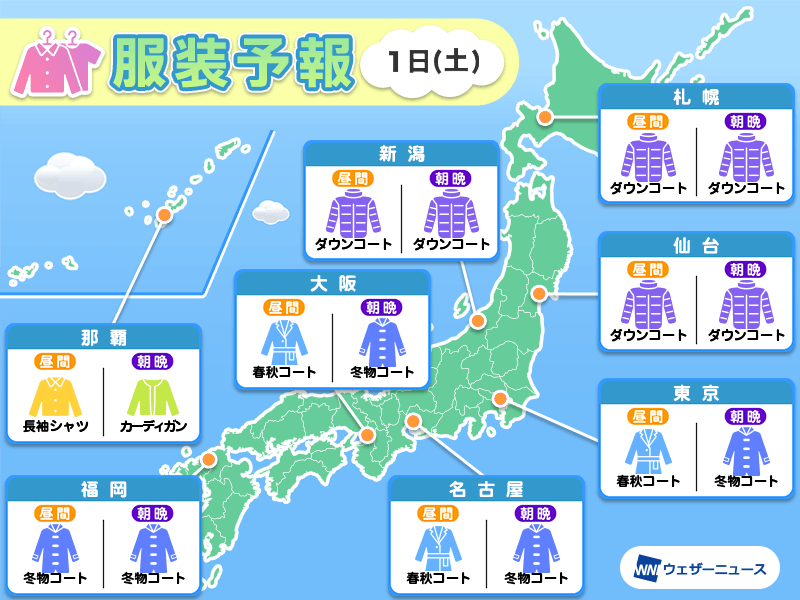 2月1日(土)　各地の気温変化と最適な服装