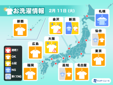 2月11日(火)の洗濯天気予報　関東や東海は外干しOKも風が強め