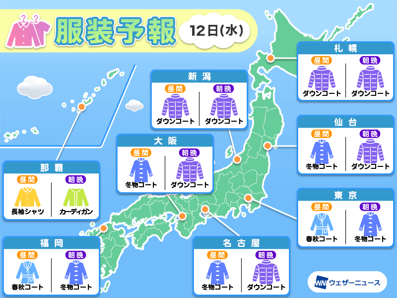 2月12日(水)　各地の気温変化と最適な服装