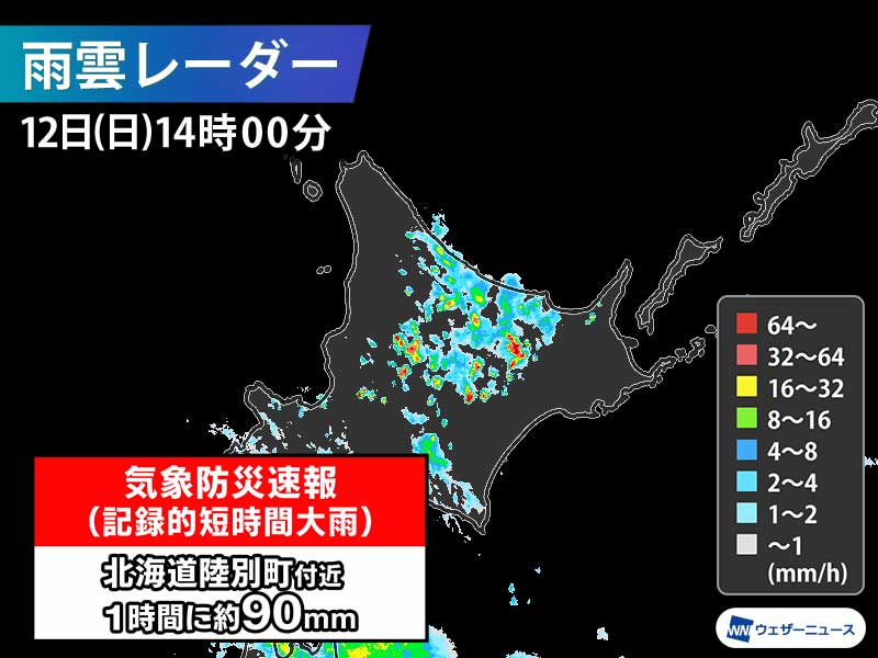 十勝地方で1時間に約90mmの猛烈な雨 気象防災速報・記録的短時間大雨