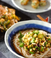 今日の献立は「野菜たっぷり山形のダシのせ素麺」