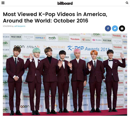 「防弾少年団」の「血、汗、涙」、米ビルボード・10月のK-POP MV再生回数1位に