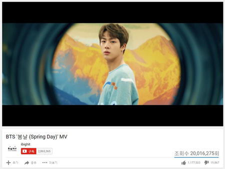 「防弾少年団」の新曲「Spring Day」MV、最短時間2千万ビュー突破！