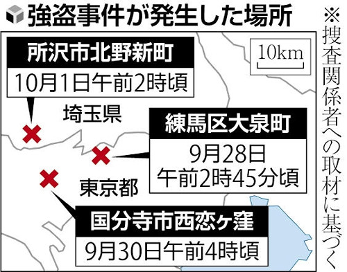 埼玉・所沢の高齢者宅に押し入った男ら３人確保…前日の強盗現場近くから移動の車押収